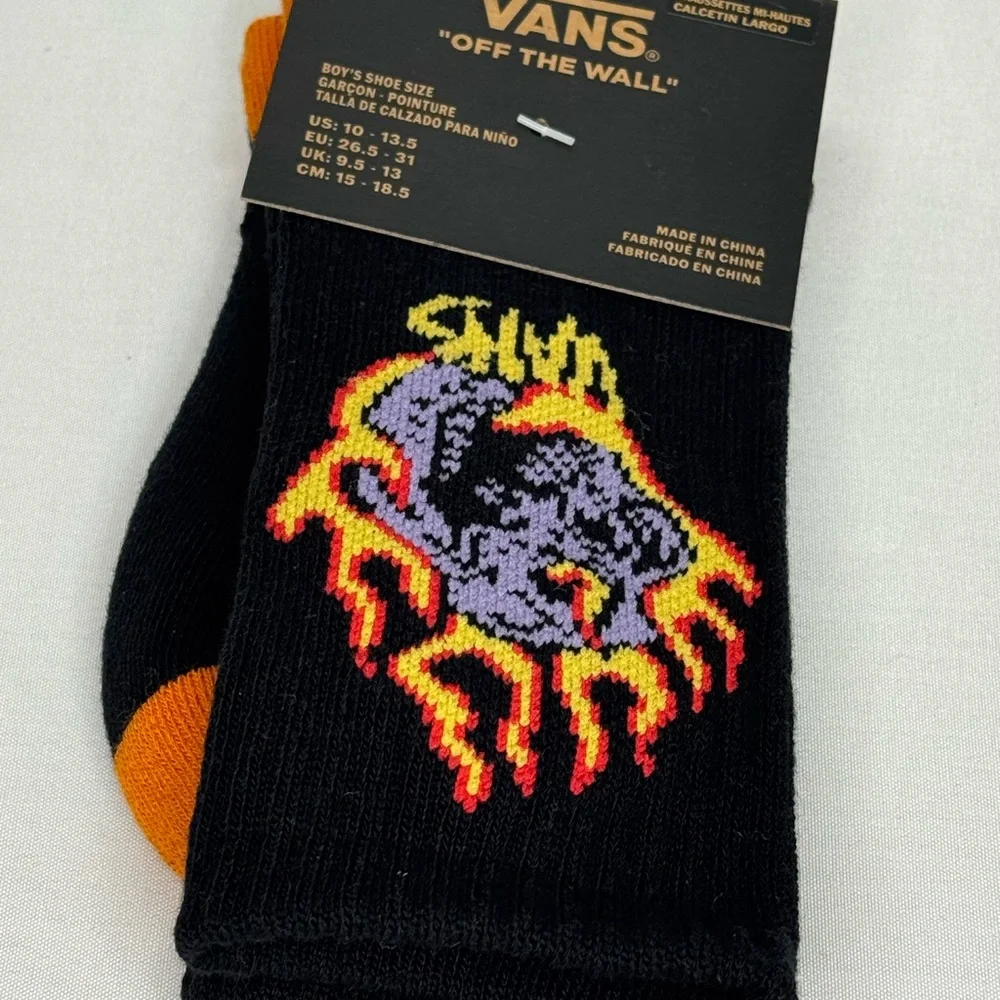 Vans Black Socks with Vibrant Flame Design fits boys shoe size 10-13.5